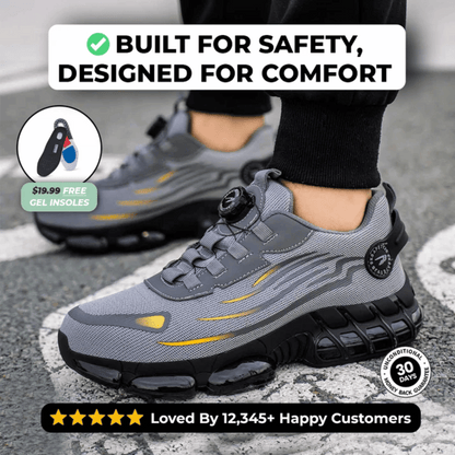 A pair of black safety sneakers designed for comfort, featuring a text overlay that reads 'BUILT FOR SAFETY, DESIGNED FOR COMFORT' and a graphic indicating 'Glass Breaker Proof'. There are also stars indicating a rating and a count of '12,345+ Happy Customers'.