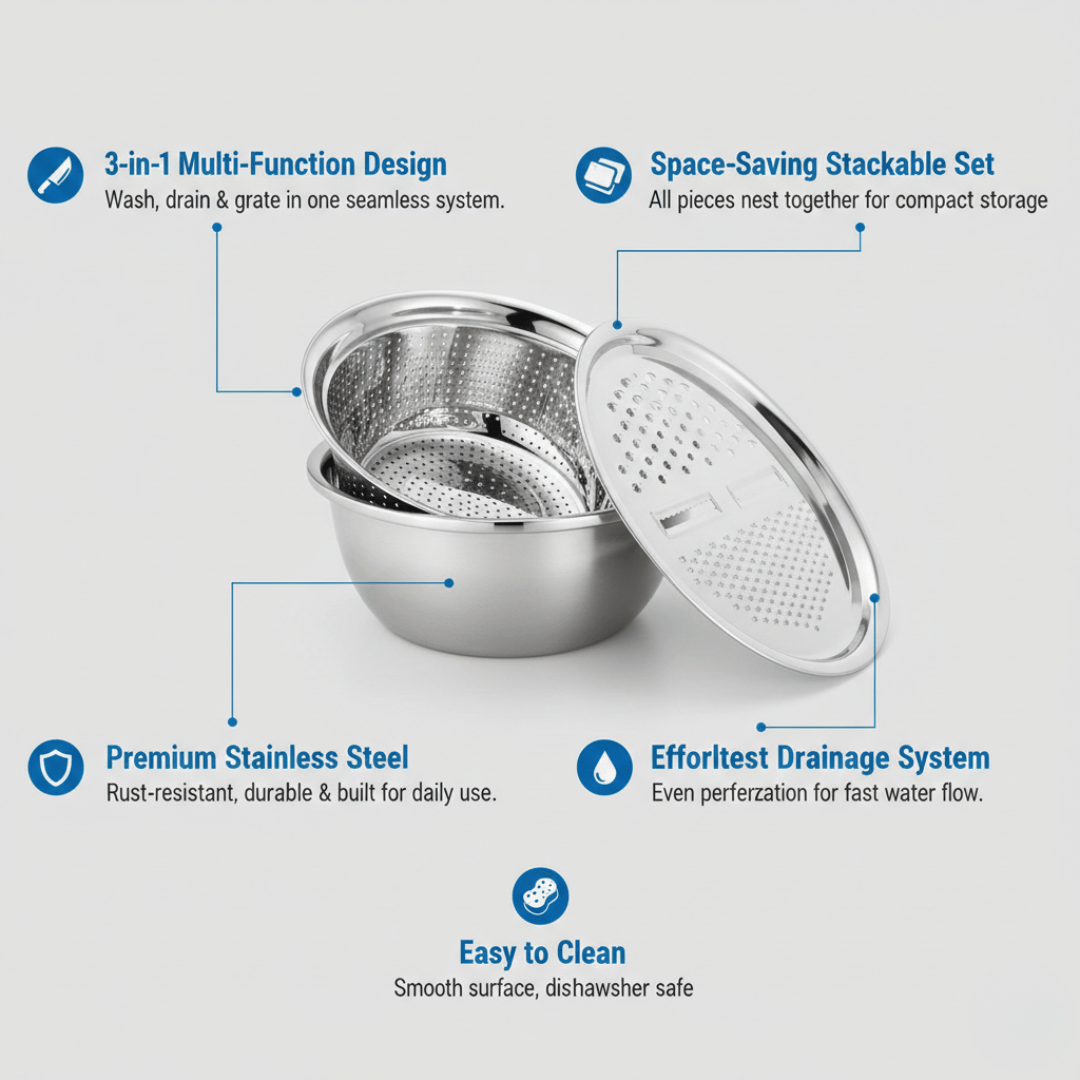 3-in-1 Stainless Prep Bowl Set
