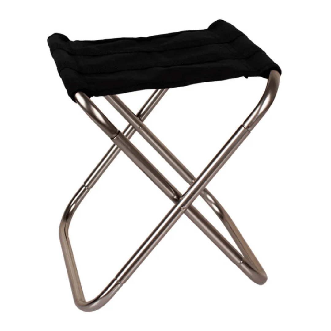 Foldable stool with black seat and metal frame on a white background