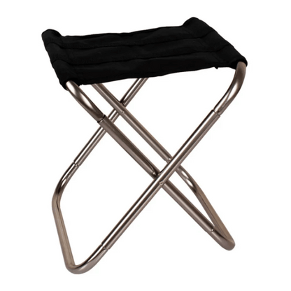 Foldable stool with black seat and metal frame on a white background