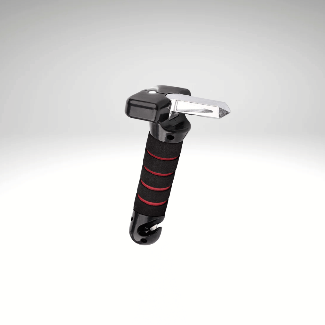 Two multifunctional vehicle safety handles with black, red, and blue grips, designed for stability and emergency tools