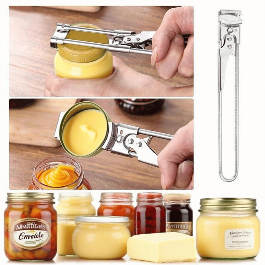 Jelly jar opener being used on jars of jelly and a container of cream cheese.