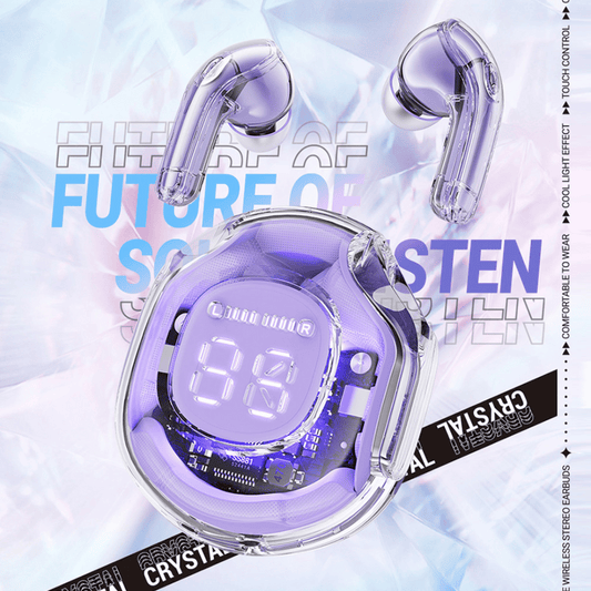 Wireless earbuds with digital display on a light blue background