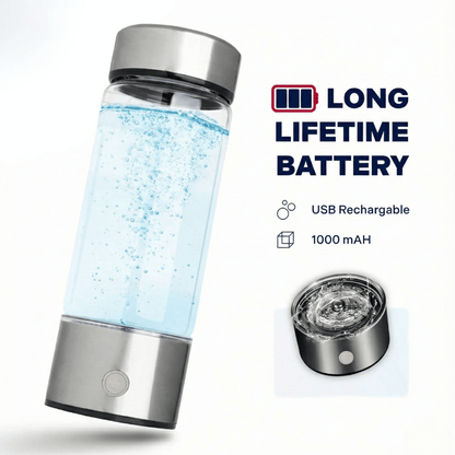 USB rechargeable water bottle with blue liquid and 'Long Lifetime Battery' text on a white background