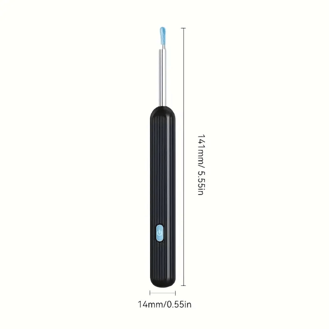 An illustration showing a cross-sectional view of an ear with the Visual Ear Cleaner being used. It highlights the 360° directional ear picking with no blind spots.