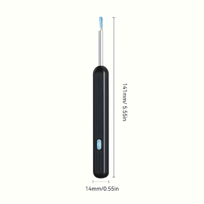 An illustration showing a cross-sectional view of an ear with the Visual Ear Cleaner being used. It highlights the 360° directional ear picking with no blind spots.