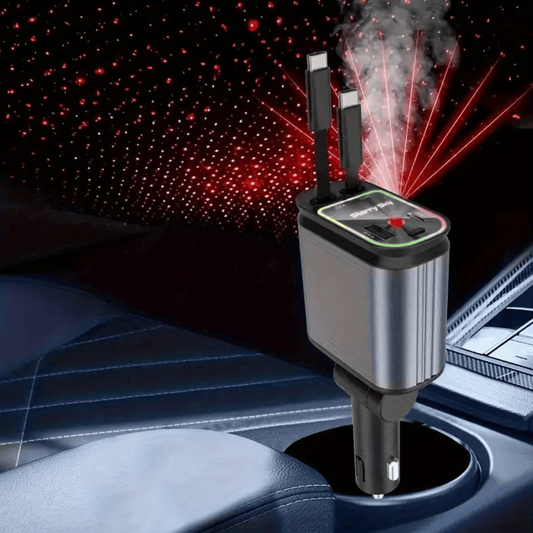 SkyFuse 4-in-1 car charger with 120W power output and LED starry sky design for multiple device charging