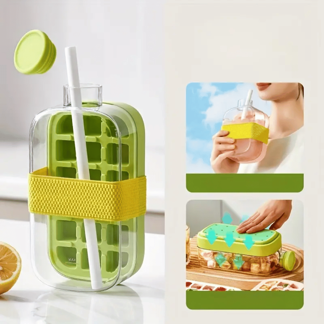 Green and yellow ice cube tray with lid and straw on a white background