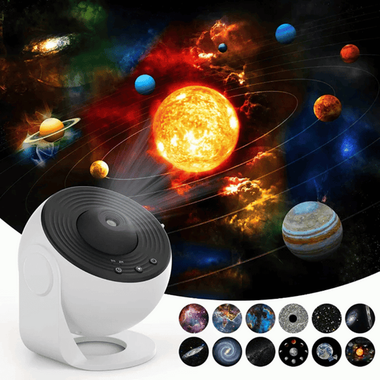 Space-themed projector with solar system illustration and planet images.