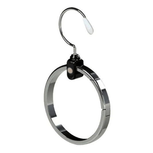 A set of SwiftHook Rotating Hangers with various accessories such as a tie, a handbag, and a hat hanging on them.