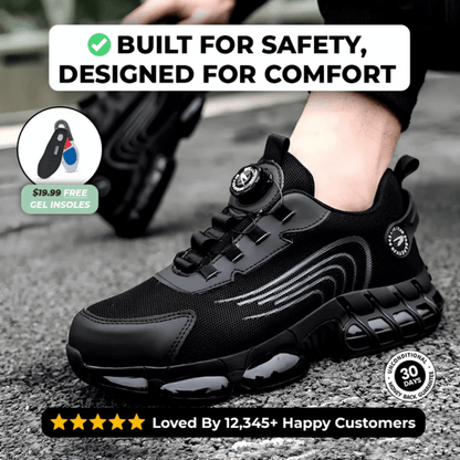 A pair of black safety sneakers designed for comfort, featuring a text overlay that reads 'BUILT FOR SAFETY, DESIGNED FOR COMFORT' and a graphic indicating 'Glass Breaker Proof'. There are also stars indicating a rating and a count of '12,345+ Happy Customers'.