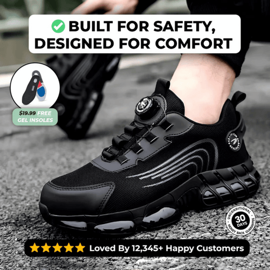 A pair of black safety sneakers designed for comfort, featuring a text overlay that reads 'BUILT FOR SAFETY, DESIGNED FOR COMFORT' and a graphic indicating 'Glass Breaker Proof'. There are also stars indicating a rating and a count of '12,345+ Happy Customers'.