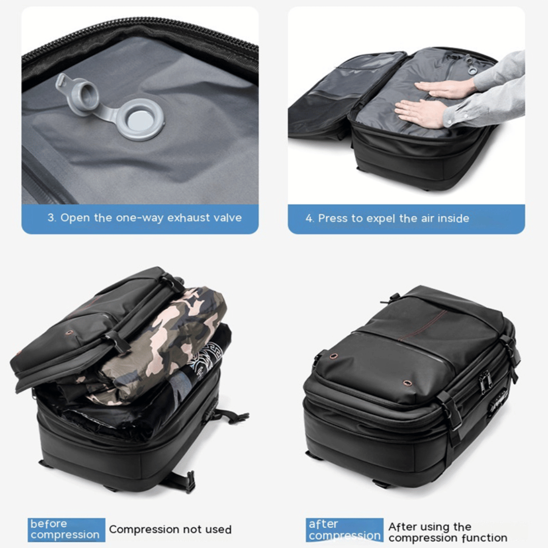 A collection of images showcasing a black TravelMaster Backpack with different views, highlighting its features such as multiple compartments, dedicated laptop section, and ergonomic design.