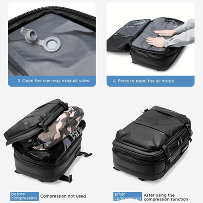 A collection of images showcasing a black TravelMaster Backpack with different views, highlighting its features such as multiple compartments, dedicated laptop section, and ergonomic design.