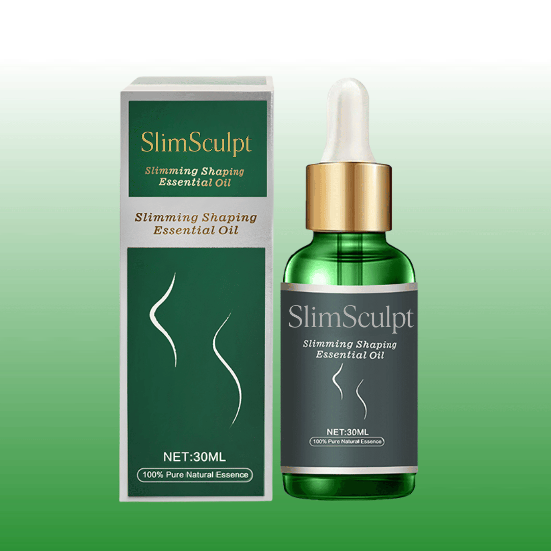 A product image featuring SlimSculpt Essential Oil in a 30ML dropper bottle with green labeling and a white cap, alongside its packaging box.