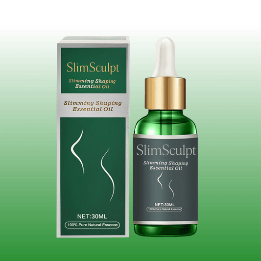 A product image featuring SlimSculpt Essential Oil in a 30ML dropper bottle with green labeling and a white cap, alongside its packaging box.