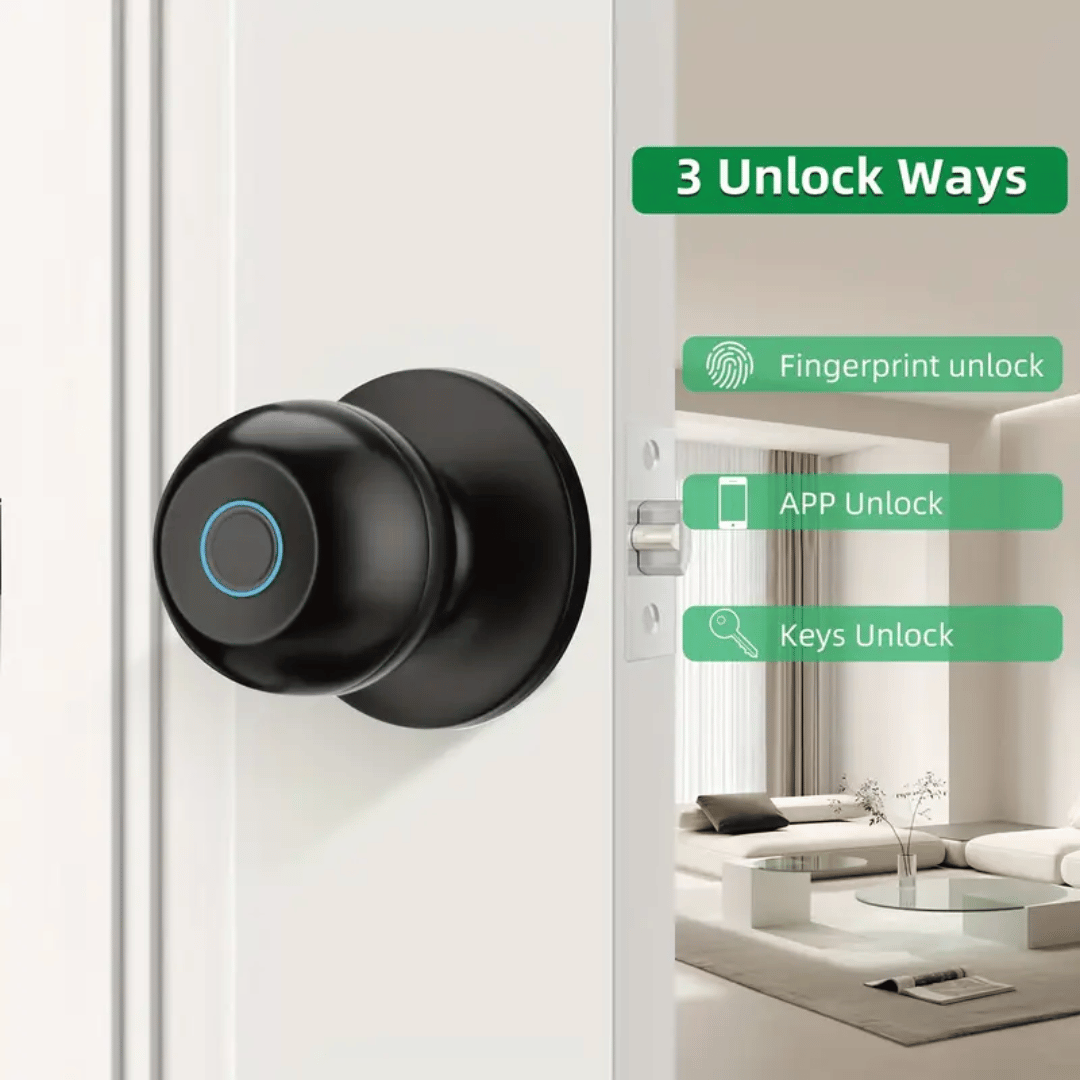 Smart lock with three unlock methods displayed on a modern door.