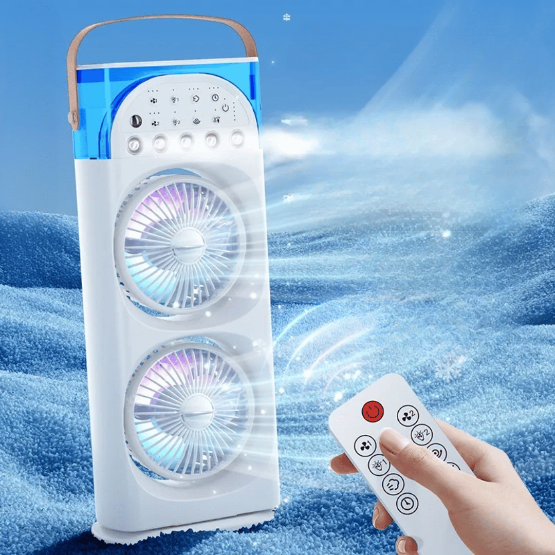 Portable air conditioner with remote control on a blue background