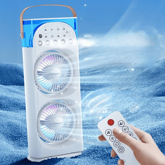 Portable air conditioner with remote control on a blue background