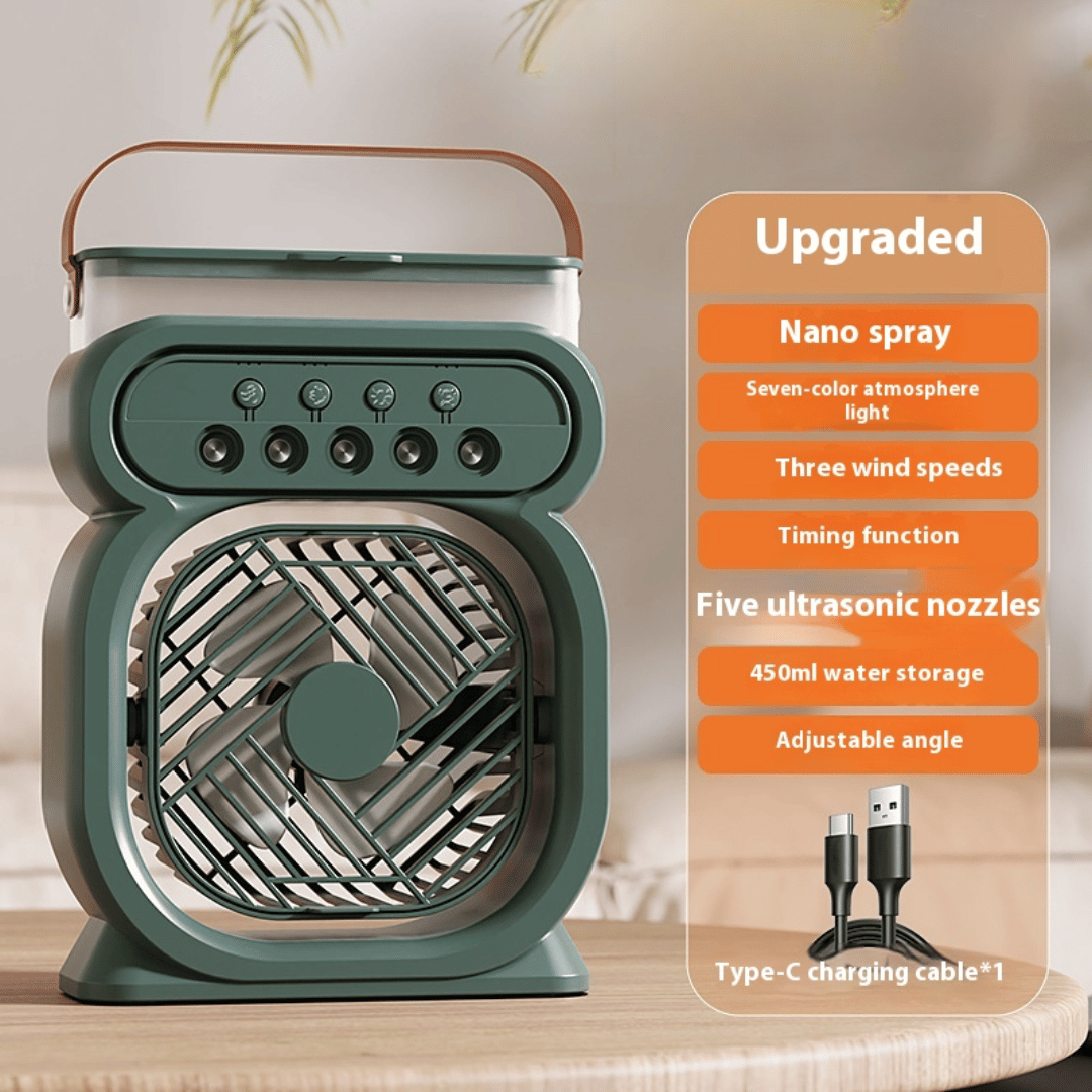 Green portable fan with features listed on an orange card on a light background
