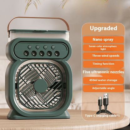Green portable fan with features listed on an orange card on a light background