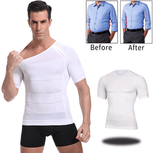 An advertisement image showcasing a white body shaper shirt with short sleeves. The image includes a 'before and after' comparison of a man's torso, demonstrating the shaping effect of the shirt.
