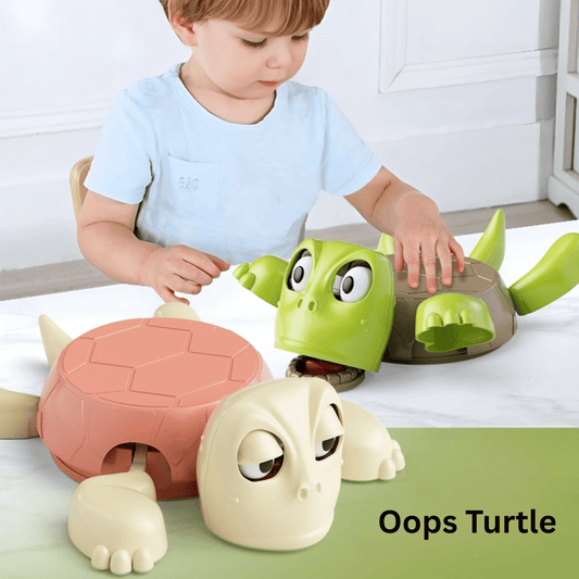 A child playing with a toy turtle that has a movable head and appears to be making a humorous expression.