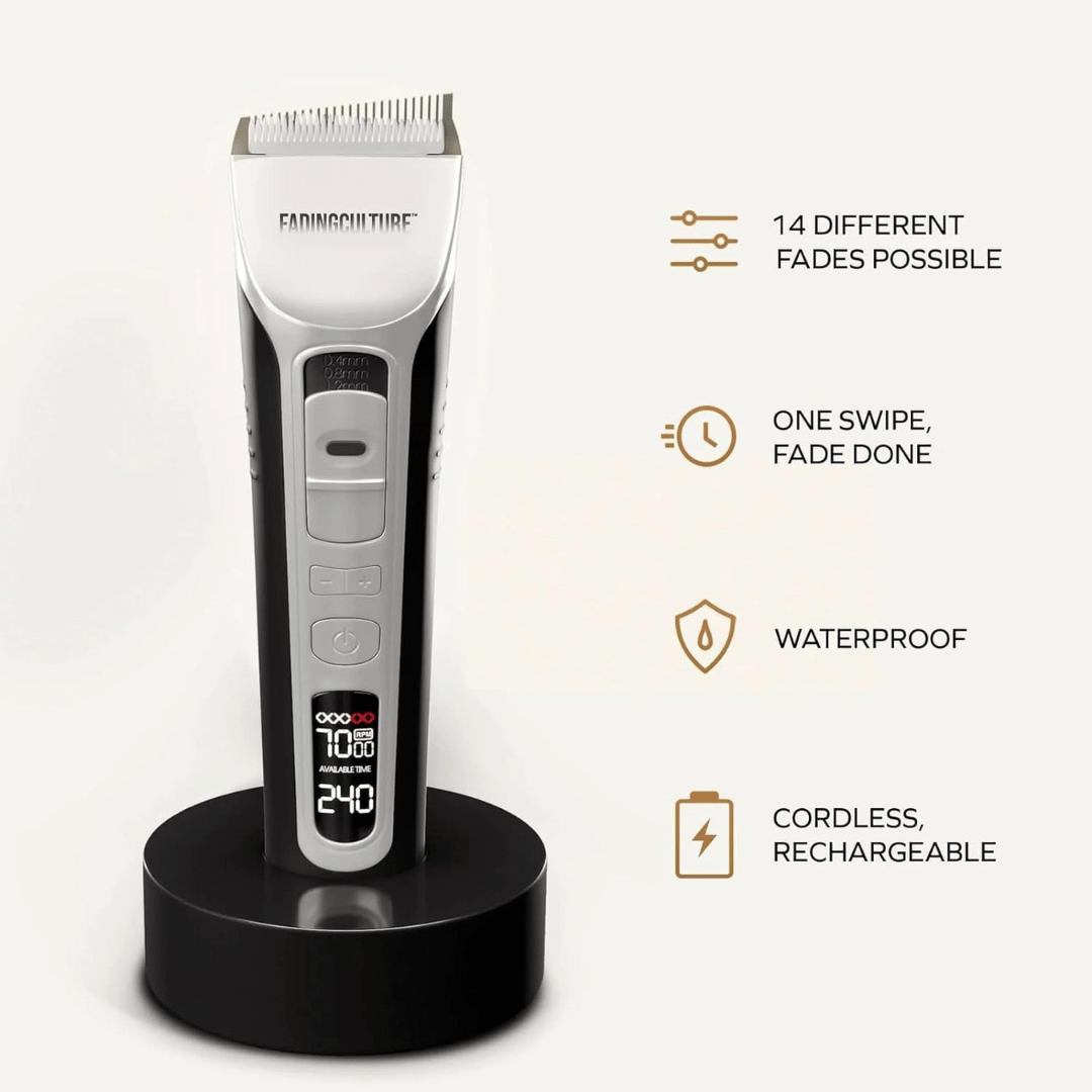 Hair trimmer with features listed on a white background