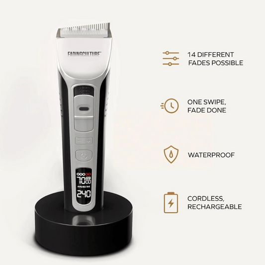 Hair trimmer with features listed on a white background