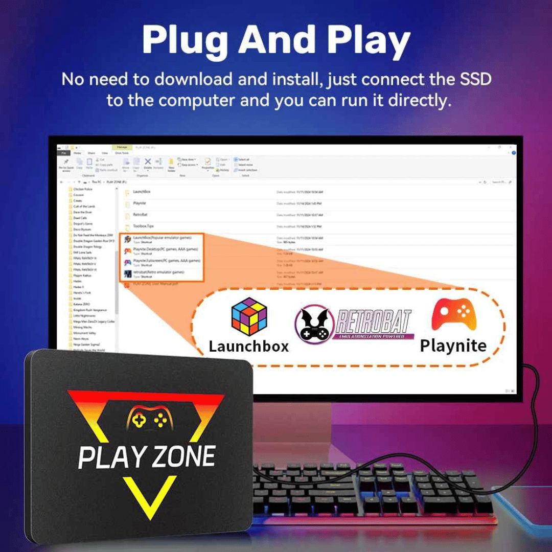 The image shows a promotional graphic for the GameZone, highlighting its features such as 1TB SATA SSD, 10Gbps, and compatibility with multiple operating systems. The graphic also mentions the inclusion of 16,191 games and plug-and-play functionality.