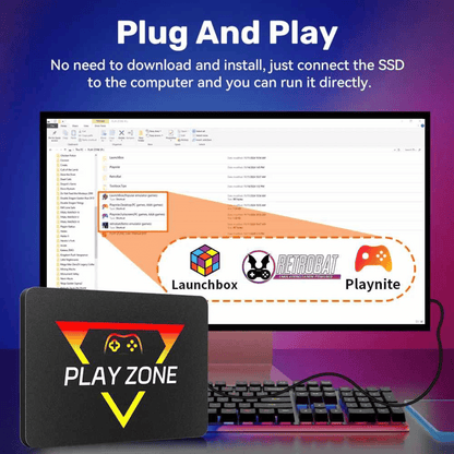 The image shows a promotional graphic for the GameZone, highlighting its features such as 1TB SATA SSD, 10Gbps, and compatibility with multiple operating systems. The graphic also mentions the inclusion of 16,191 games and plug-and-play functionality.