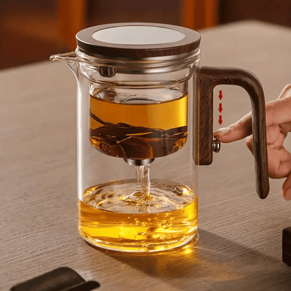 ZenFlow Glass Teapot front view showing clear glass construction and ergonomic wooden handle