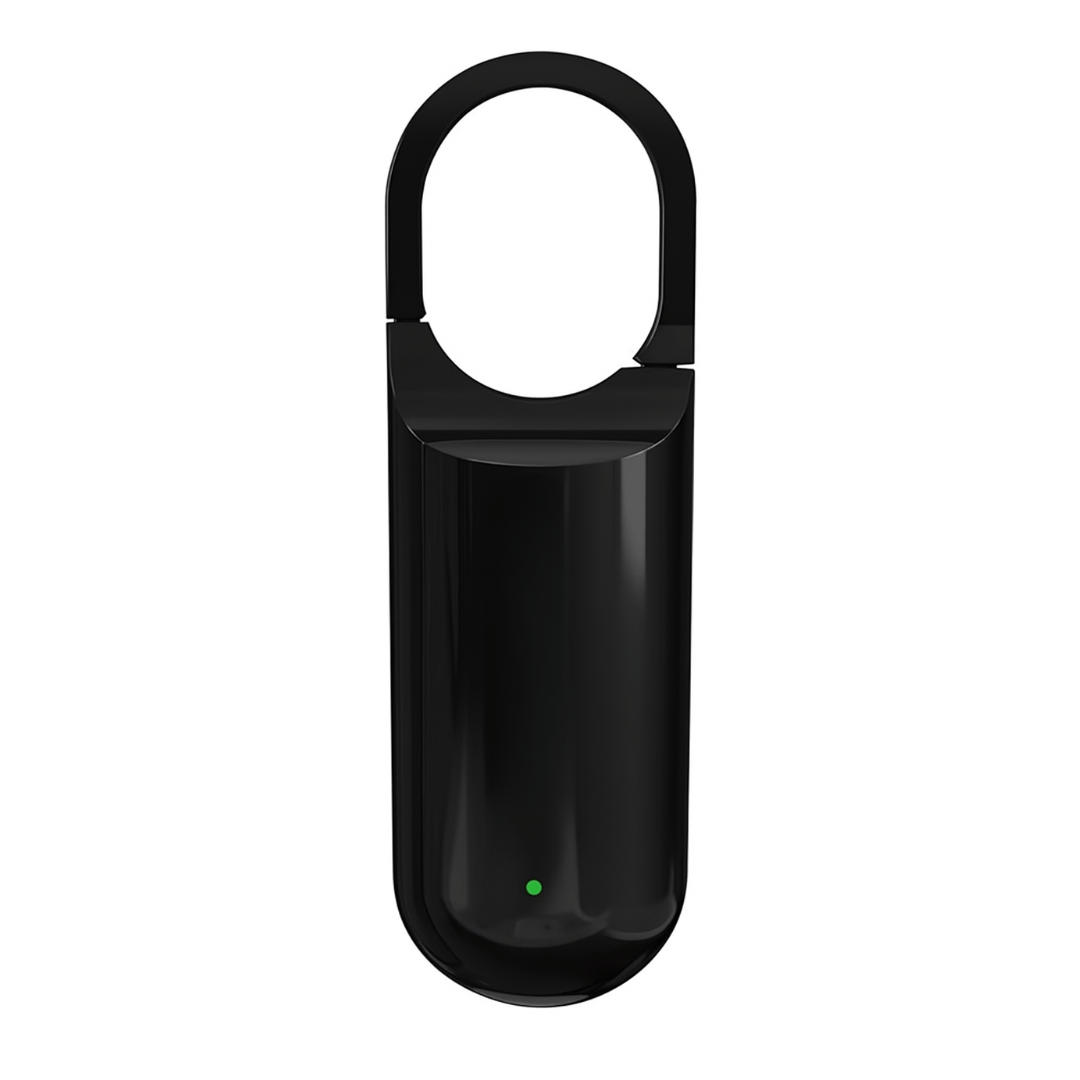 Black electronic device with a green light on a white background