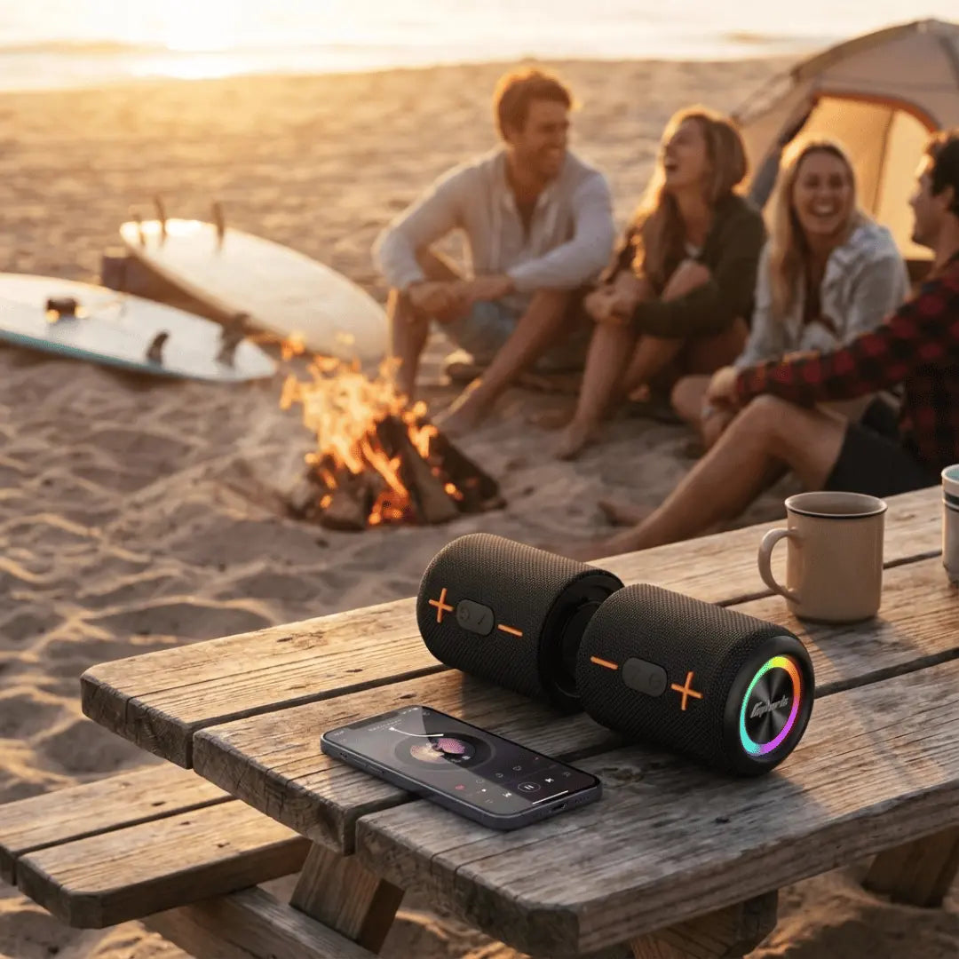 Two Bluetooth speakers on a wooden table with a group of people sitting around a campfire at sunset.