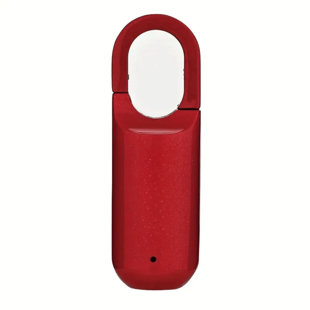 Red portable device with a circular opening on a white background