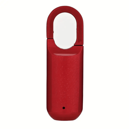 Red portable device with a circular opening on a white background
