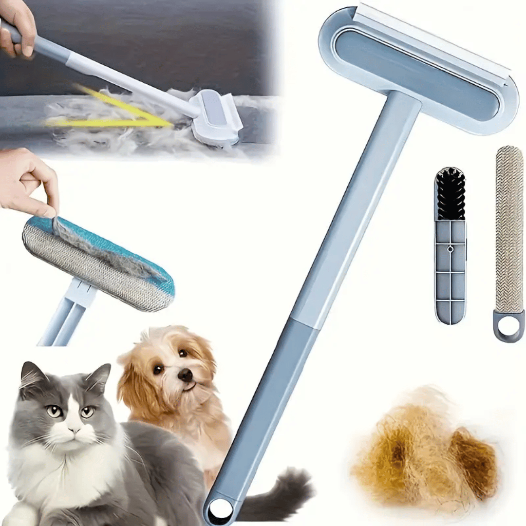 Cleaning tool with attachments for pets and surfaces, featuring a cat and dog.