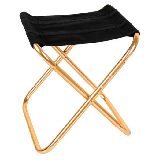 Foldable chair with black seat and gold frame on a white background