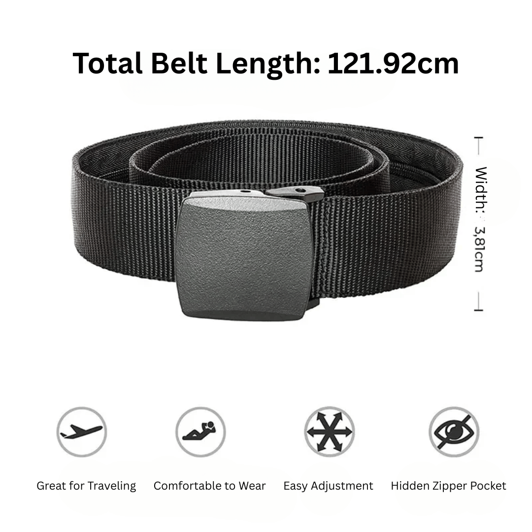 A black SecretBelt with a metal buckle, highlighted features such as comfort, easy adjustment, and a hidden zipper pocket, along with the total belt length of 121.92 cm.