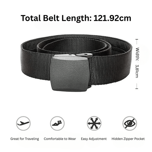 A black SecretBelt with a metal buckle, highlighted features such as comfort, easy adjustment, and a hidden zipper pocket, along with the total belt length of 121.92 cm.