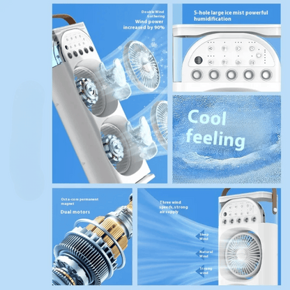 Collage of a fan with features highlighted on a blue background