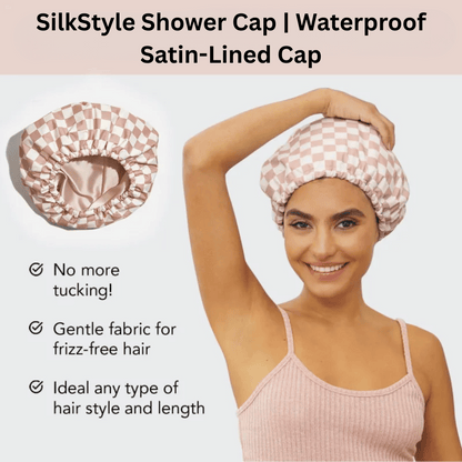 SilkStyle waterproof shower cap with satin-lined interior for ultimate hair protection during showers