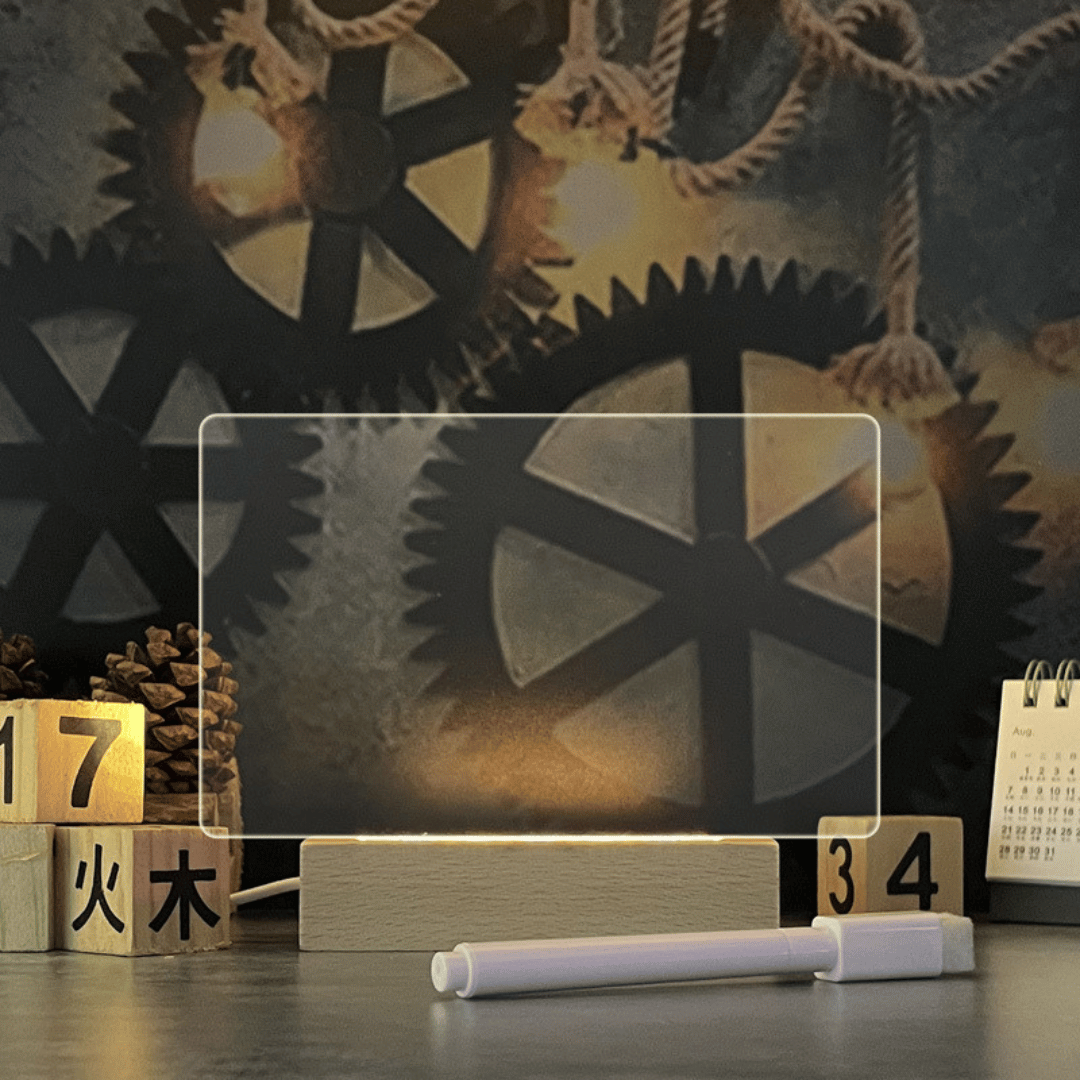 Decorative setup with gears, wooden blocks, and a calendar on a dark background
