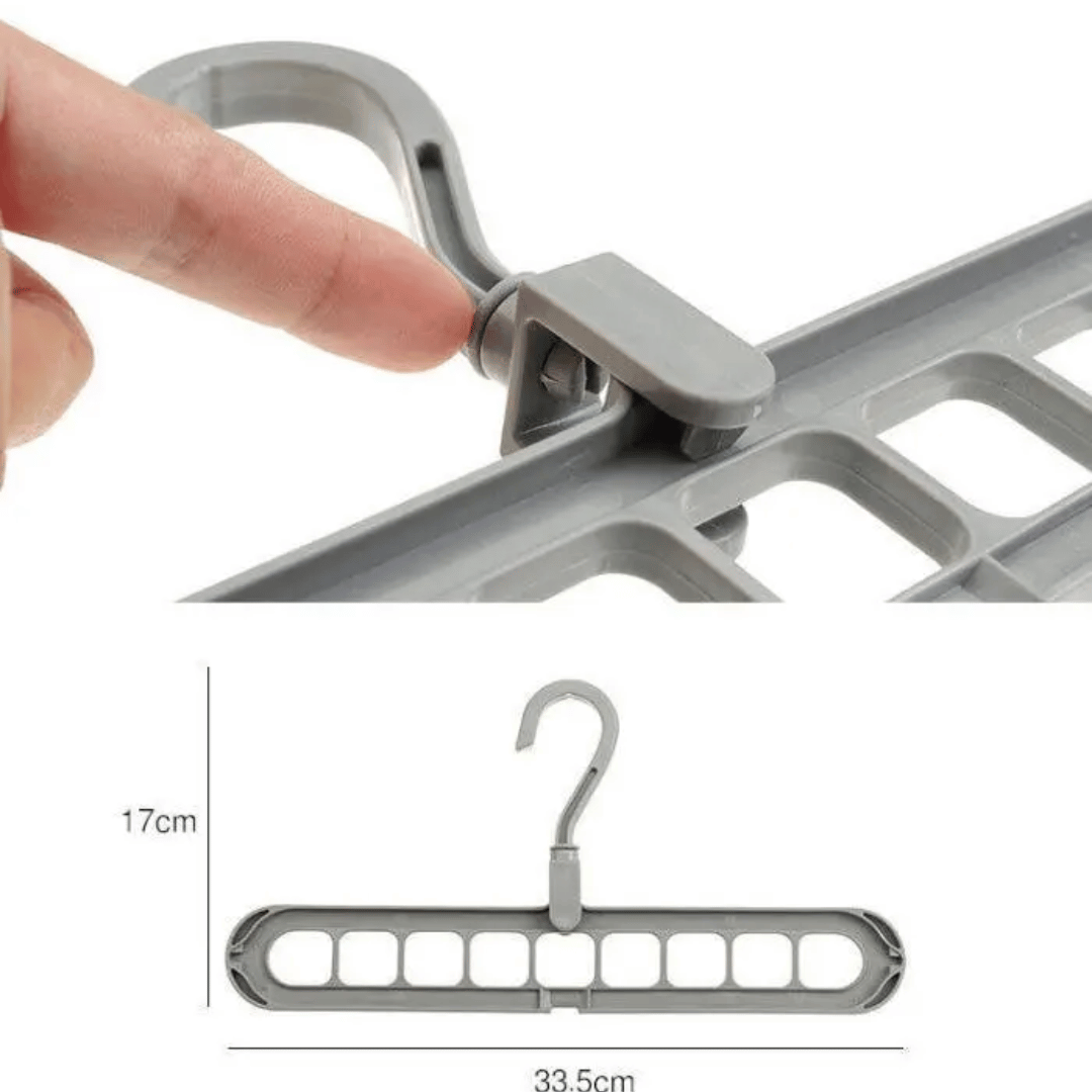 A set of multi-functional space-saving hangers arranged in a wardrobe, holding various garments.