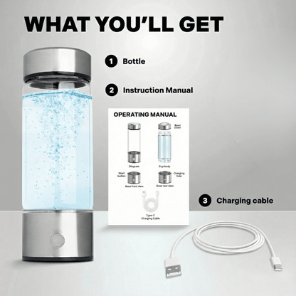Beverage bottle with water, instruction manual, and charging cable on a gray background
