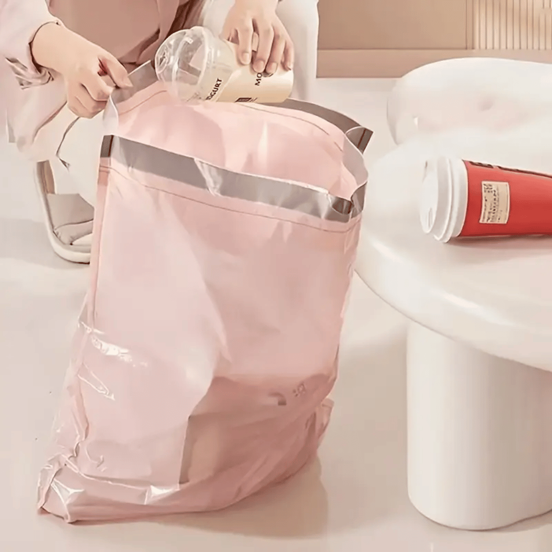 DormEase pink decorative trash bags adding stylish color to dorm room waste management