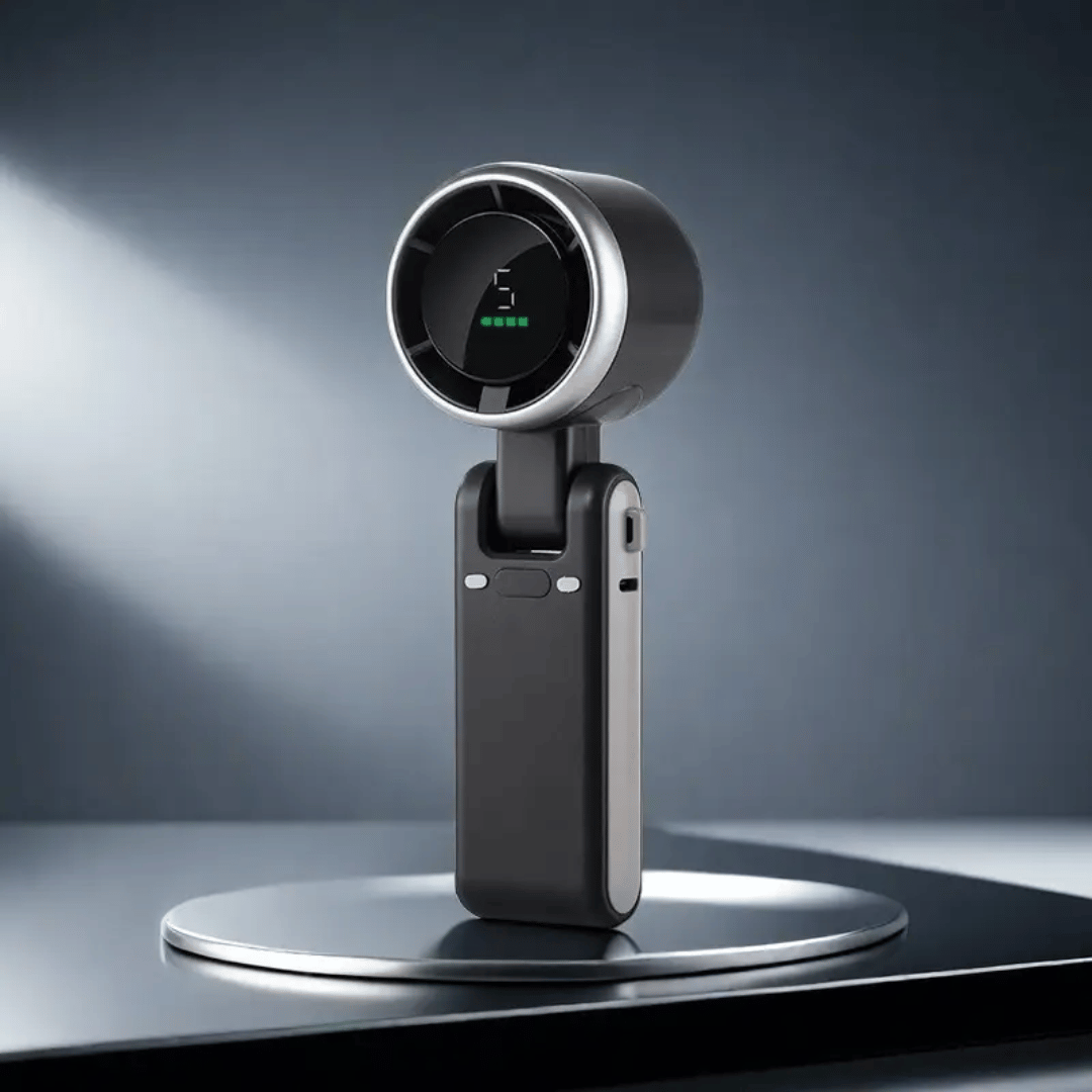 Black and silver device on a stand with a dark background
