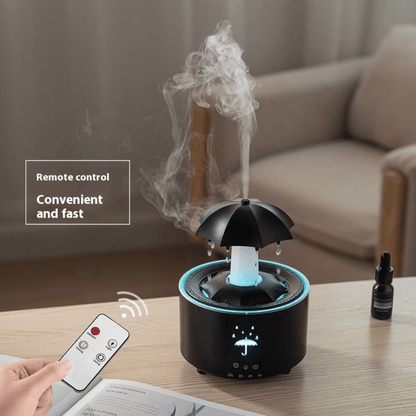 Black umbrella-shaped humidifier with remote control on a table