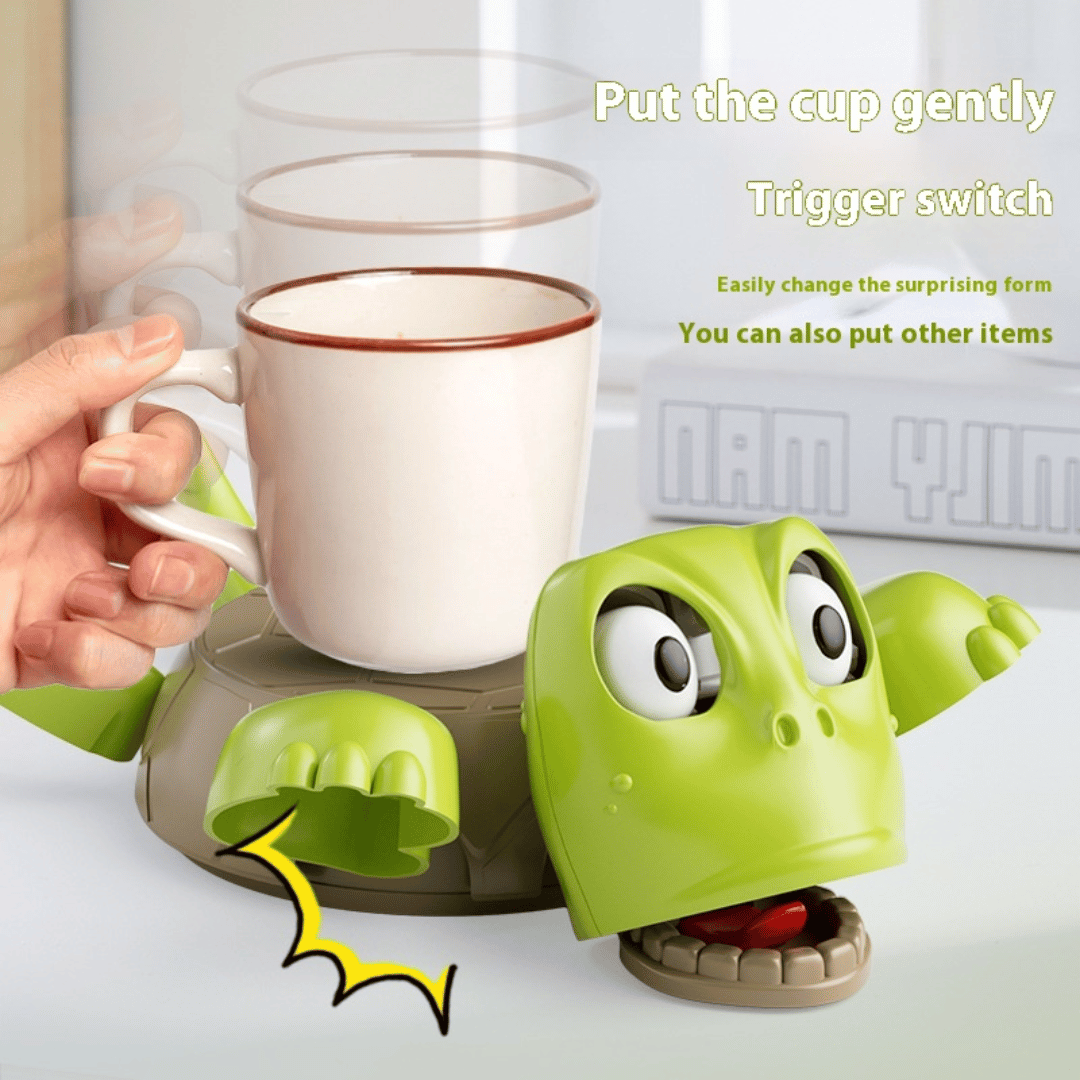 A child playing with a toy turtle that has a movable head and appears to be making a humorous expression.