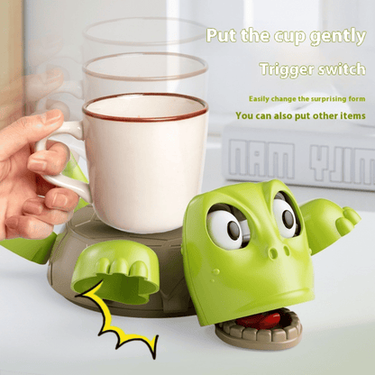 A child playing with a toy turtle that has a movable head and appears to be making a humorous expression.